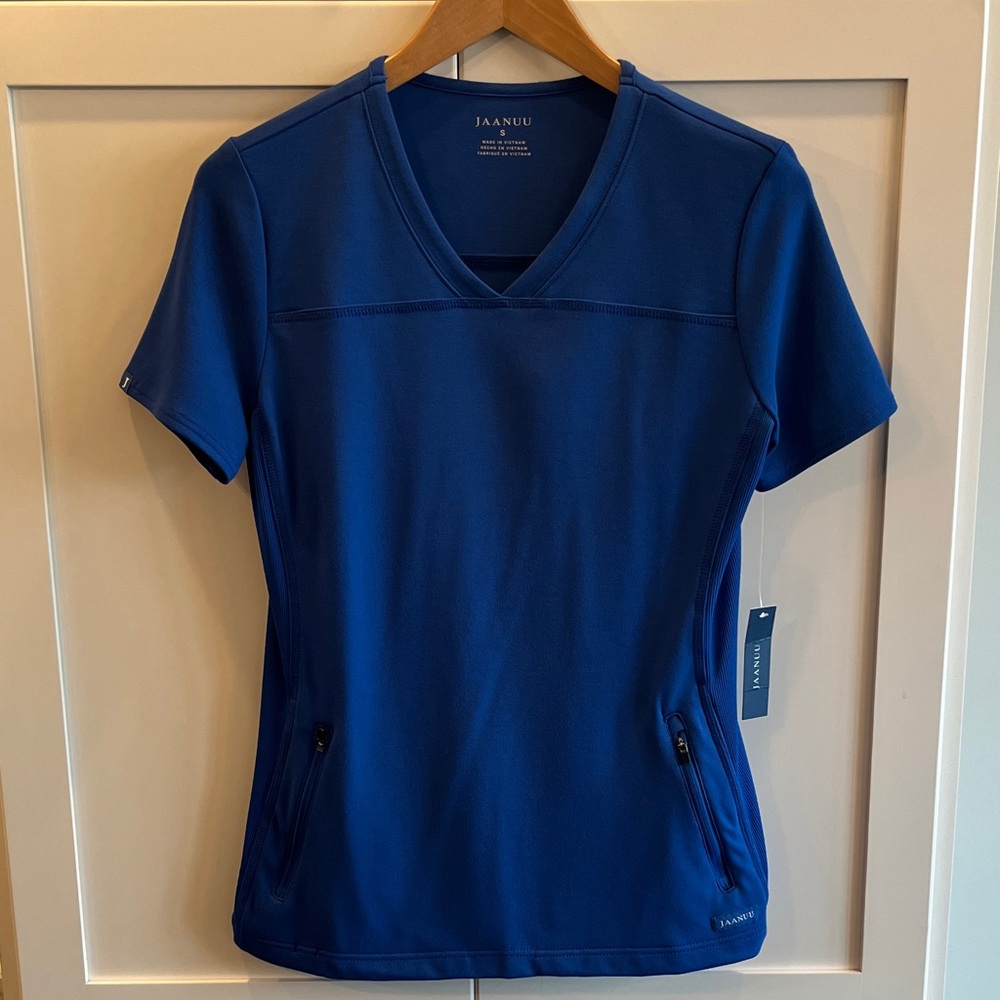 Jaanuu Women's Two zip pocket Fitted Royal Blue Scrub Top NWT